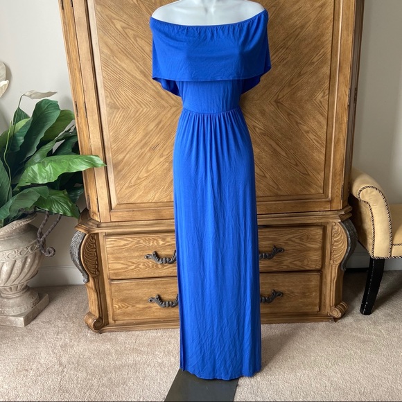 GS Love Blue Off Shoulder High Split Maxi Dress - Picture 2 of 7